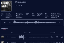 Screenshot der Library-Website: Coverbild einer Musik-Library "Double Agent" mit Audio-Wellenform, Angaben zur Musik wie Stil, Komponist:in, Tempo, Emotionen und einer Liste der zugehörigen Kurzversionen